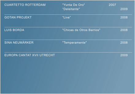 CUARTETTO ROTTERDAM		"Yunta De Oro"			2007 �					�Deleitante"				2009 											 GOTAN PROJEKT 			�Live�					2008 				 											 LUIS BORDA				"Chicas de Otros Barrios"		2008	  											 SINA NEUM�RKER			"Temperamente"			2008  											 EUROPA CANTAT XVII UTRECHT						2009